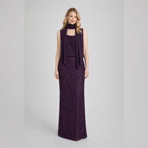 RSVP Plum Lace Evening Gown w/ Draped Scarf – Women's Size Medium